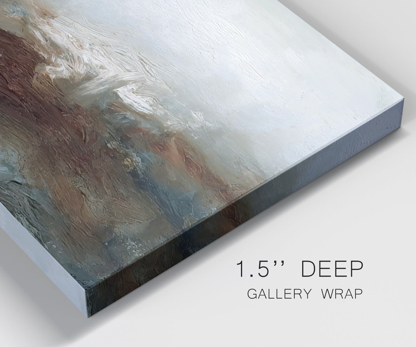 Close-up view of wrapped canvas corner featuring soft abstract evening light.