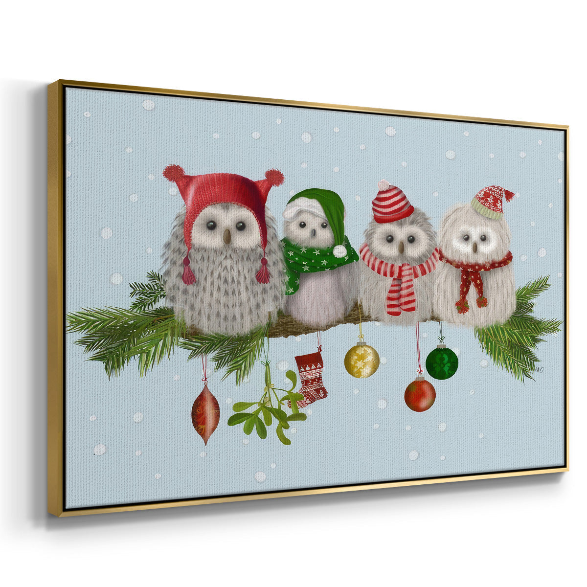 Christmas Fluffy Christmas Owls on Branch - Framed Gallery Wrapped Canvas in Floating Frame