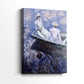 Side view of a canvas art print of a gentle water scene with figures in a small boat, showing gallery-wrapped depth.