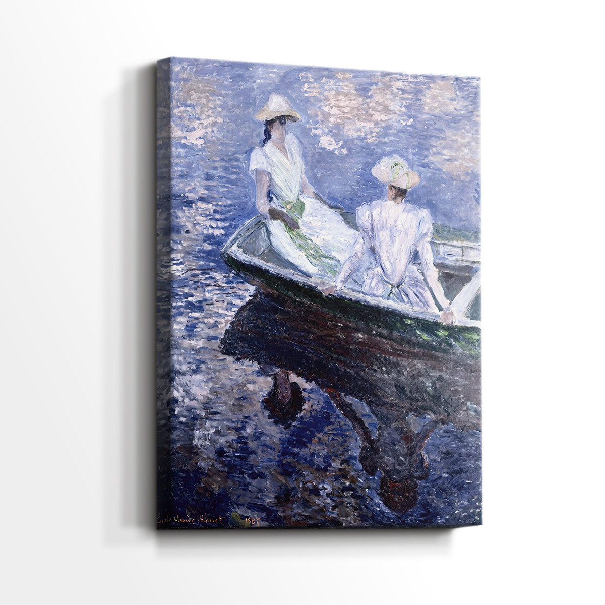 Side view of a canvas art print of a gentle water scene with figures in a small boat, showing gallery-wrapped depth.