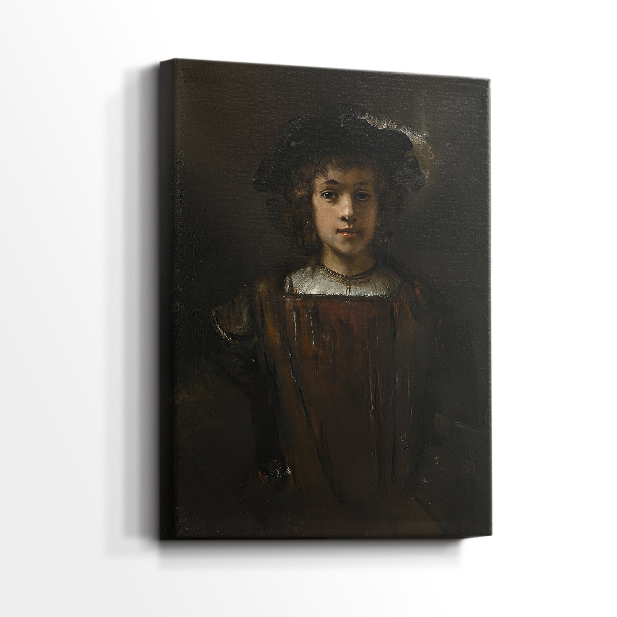 Side view of a canvas art print of a refined portrait with minimal background and depth, showing gallery-wrapped depth.