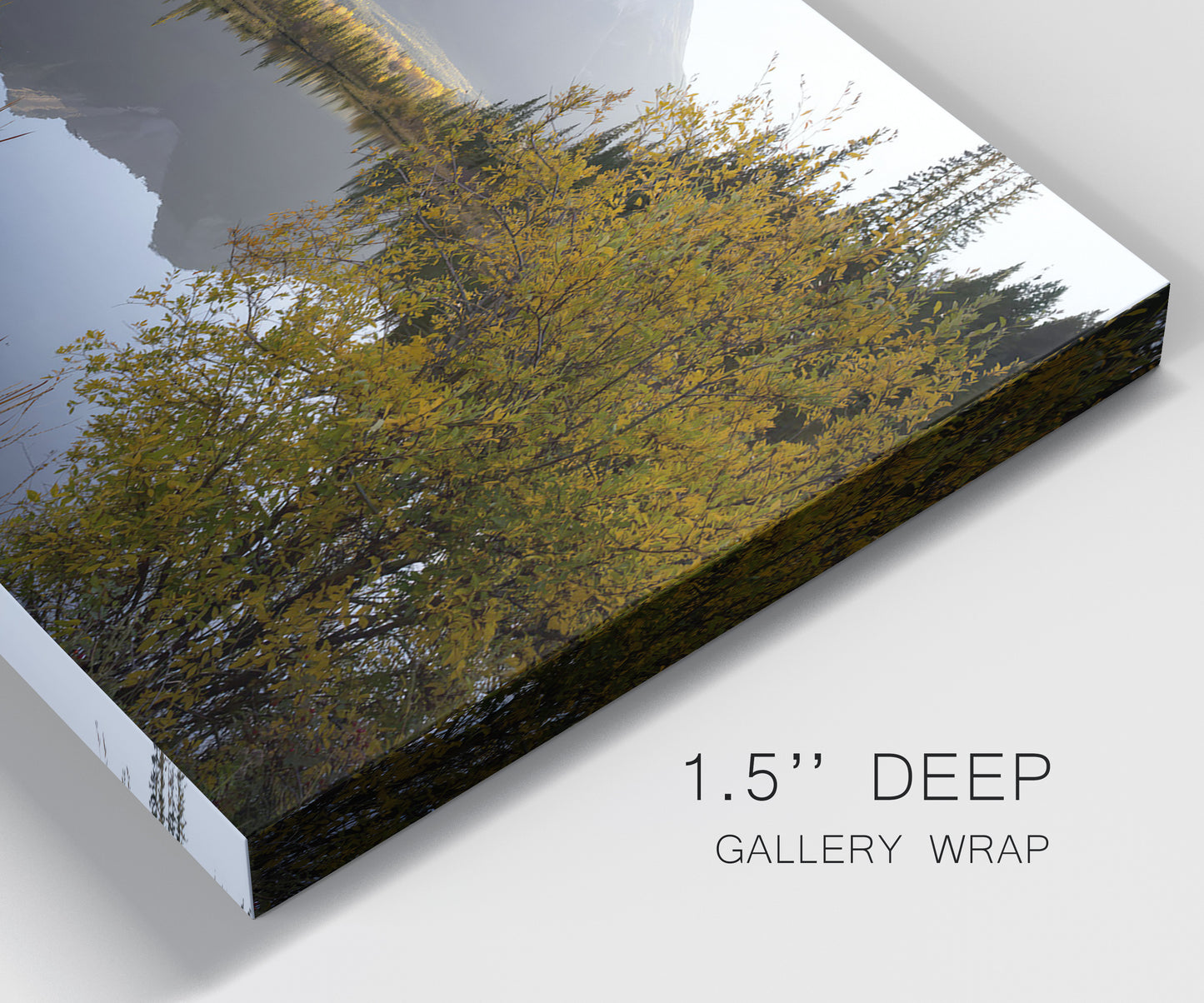 Close-up view of wrapped canvas corner featuring low light river photography.