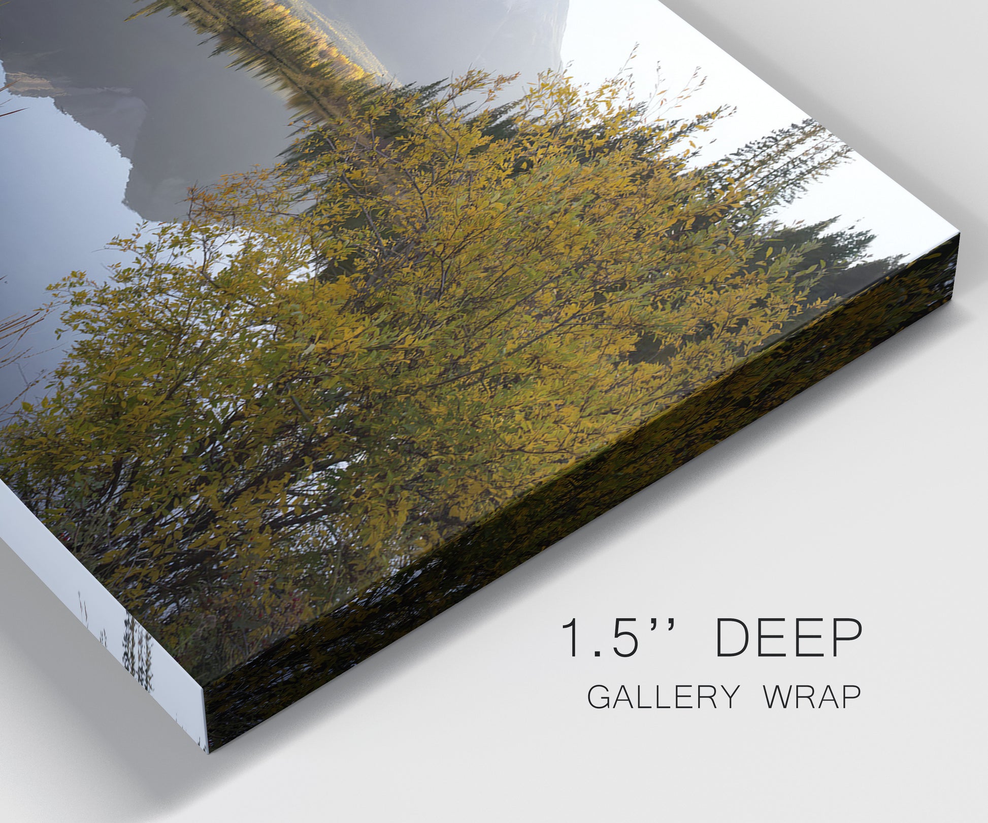 Close-up view of wrapped canvas corner featuring low light river photography.