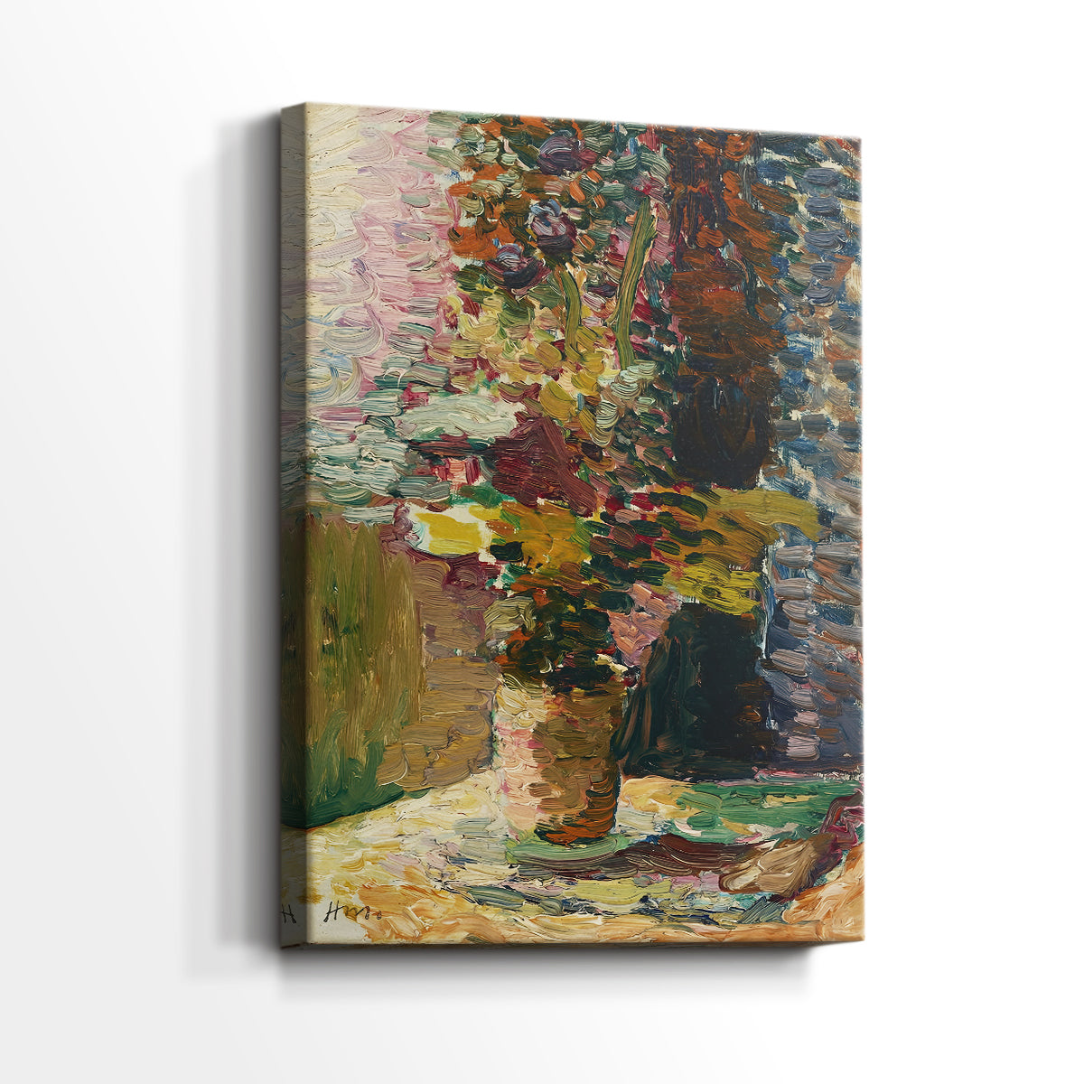 Side view of a canvas art print of a decorative composition with blossoms and vivid palette, showing gallery-wrapped depth.