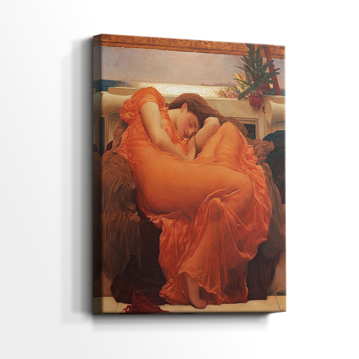 Side view of a canvas art print of a serene composition with a sleeping woman in soft light, showing gallery-wrapped depth.