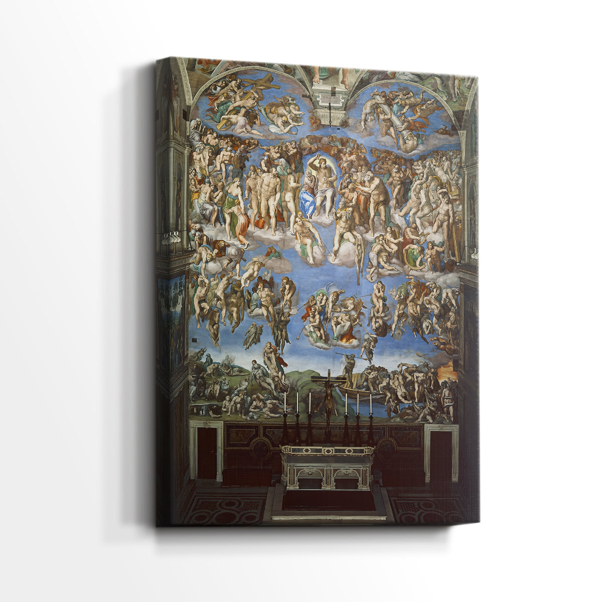 Side view of a canvas art print of a symbolic composition with dense detail and contrast, showing gallery-wrapped depth.
