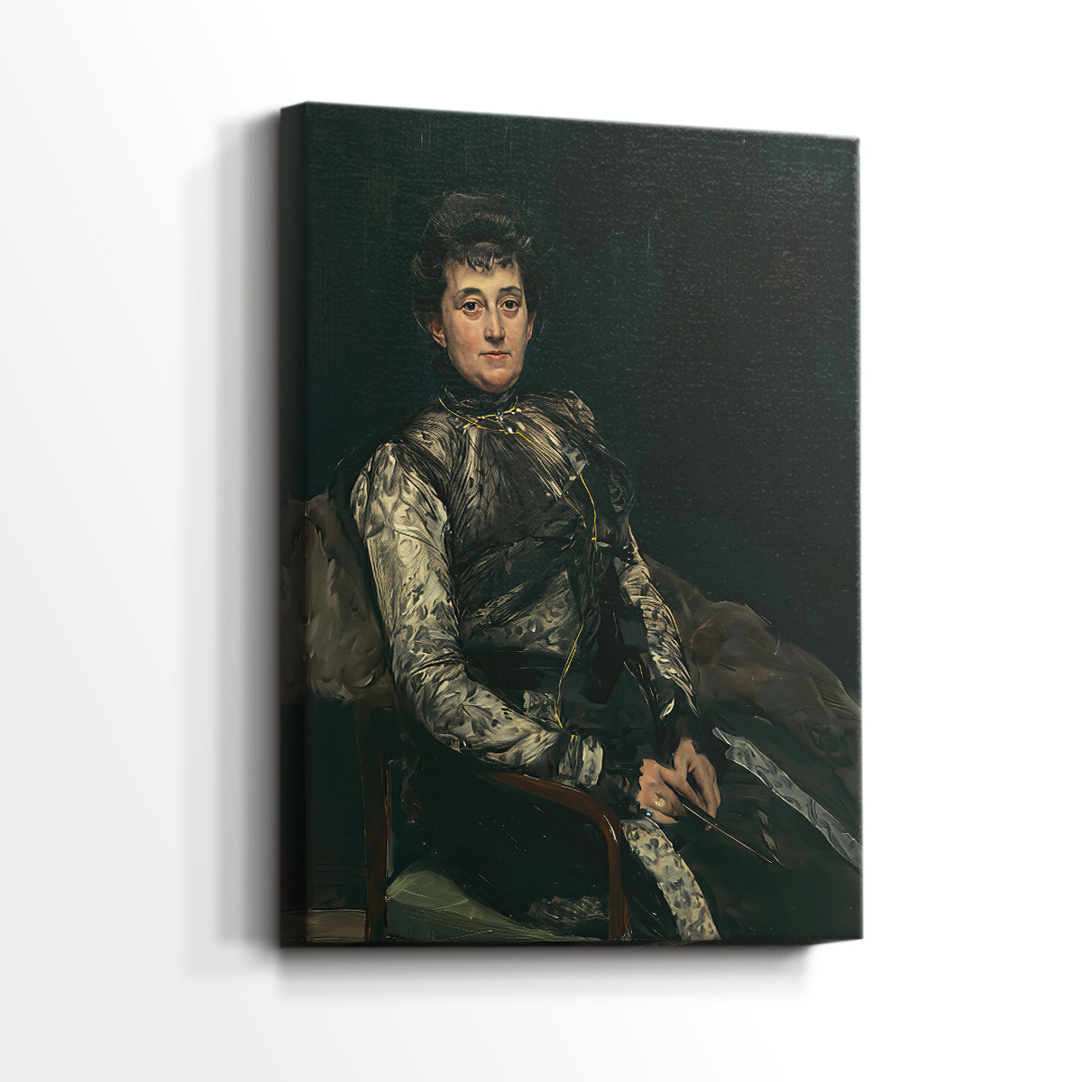 Side view of a canvas art print of a refined portrait with balanced color and smooth texture, showing gallery-wrapped depth.