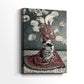 Side view of a canvas art print of a stylized portrait with vibrant tones and cultural motifs, showing gallery-wrapped depth.