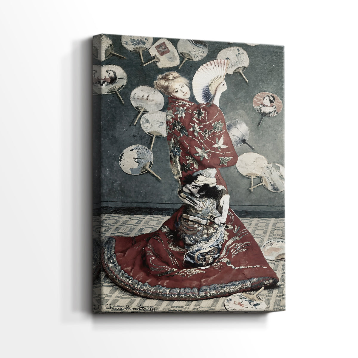 Side view of a canvas art print of a stylized portrait with vibrant tones and cultural motifs, showing gallery-wrapped depth.