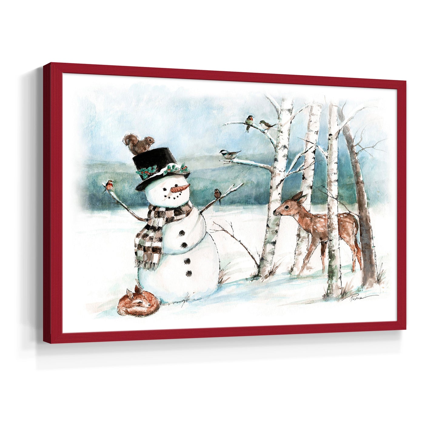 42975,snowman,deer,winter,forest,snowy landscape,birds,birch trees,scarf,top hat,wildlife,nature,frost,season,serene,animal,frosty,woodlands,frozen,cold,playful,outdoors,charming,magical,landscape art,whimsical,fauna,friendly,wildlife observation,tranquility,country scene,illustration,snowflakes,seasonal,heritage,woodland creatures,holiday,scenic,peaceful,natural beauty,art,Re-stickable,Landscape & Nature