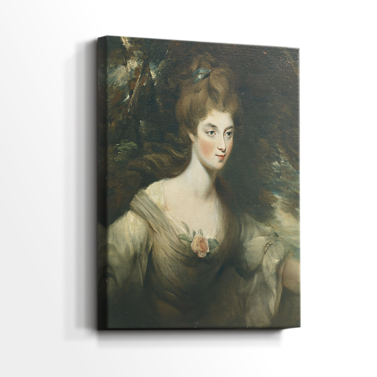 Side view of a canvas art print of a classical portrait with minimal background and smooth detail, showing gallery-wrapped depth.