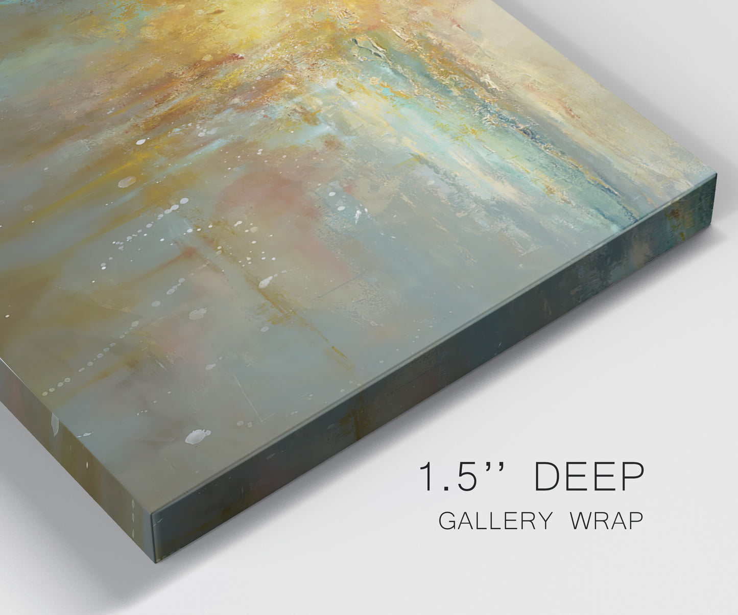 Close-up view of wrapped canvas corner featuring muted abstract river inspired tones.