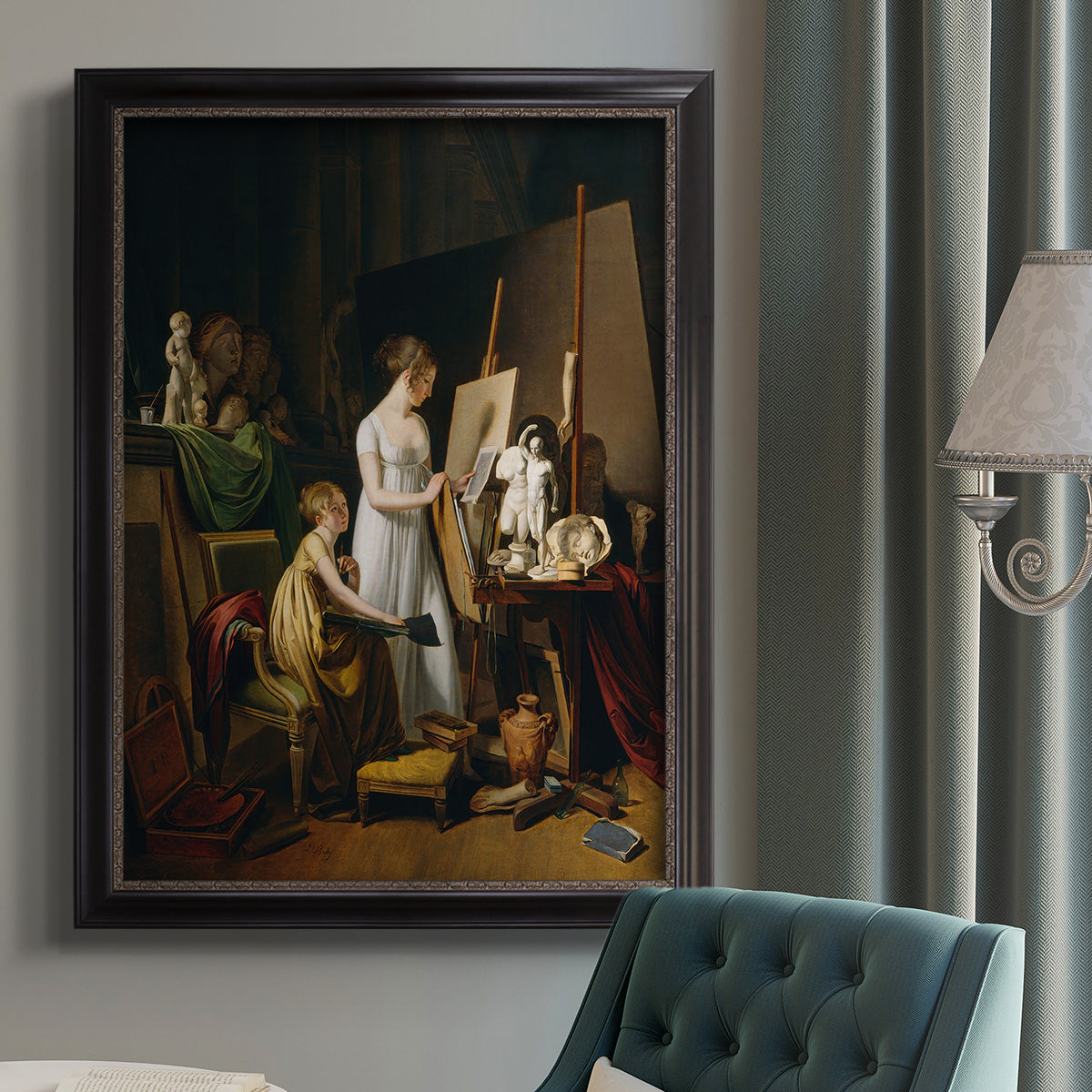 Classical interior painting of an artist at work by Louis-Leopold Boilly in an {frame_style_descriptor} displayed in a neutral interior setting.