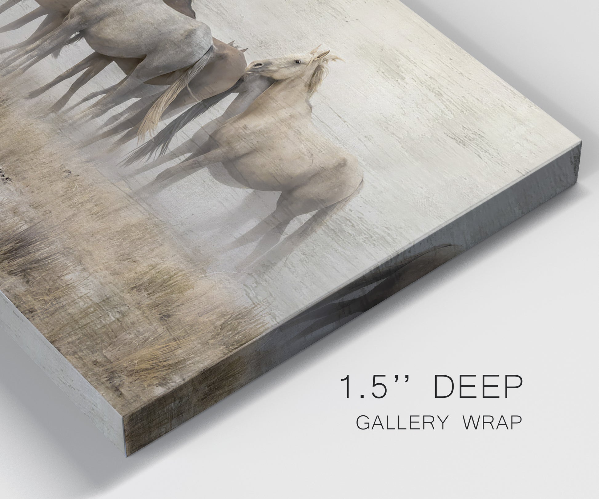 Close-up view of wrapped canvas corner featuring wild horses roaming open terrain.