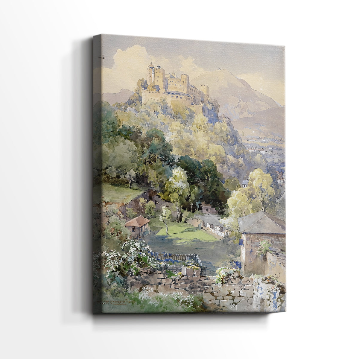 Side view of a canvas art print of a historic fortress set within a mountainous landscape, showing gallery-wrapped depth.