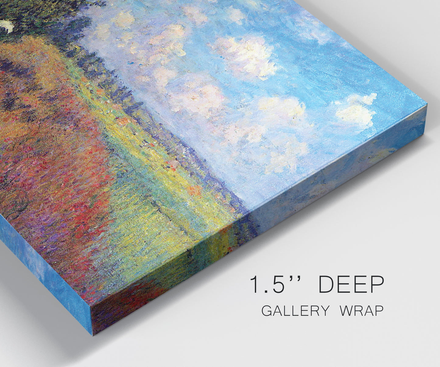 Close-up view of wrapped canvas corner featuring summer poppy field in bloom.
