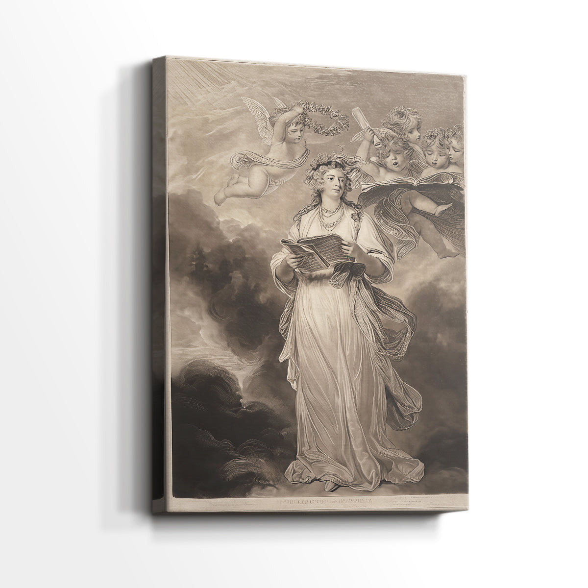 Side view of a canvas art print of a theatrical portrait with flowing garments and rich tones, showing gallery-wrapped depth.