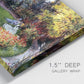 Close-up view of wrapped canvas corner featuring garden in full bloom by coast.