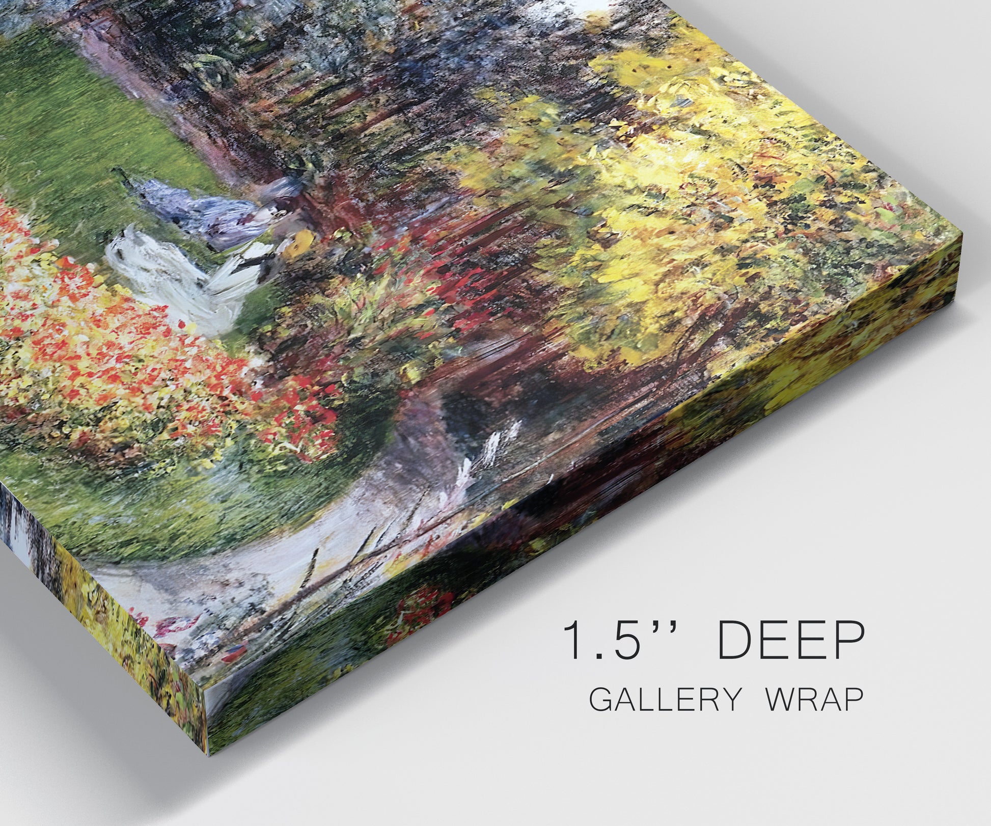 Close-up view of wrapped canvas corner featuring garden in full bloom by coast.