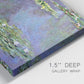 Close-up view of wrapped canvas corner featuring purple haze water lily pond.