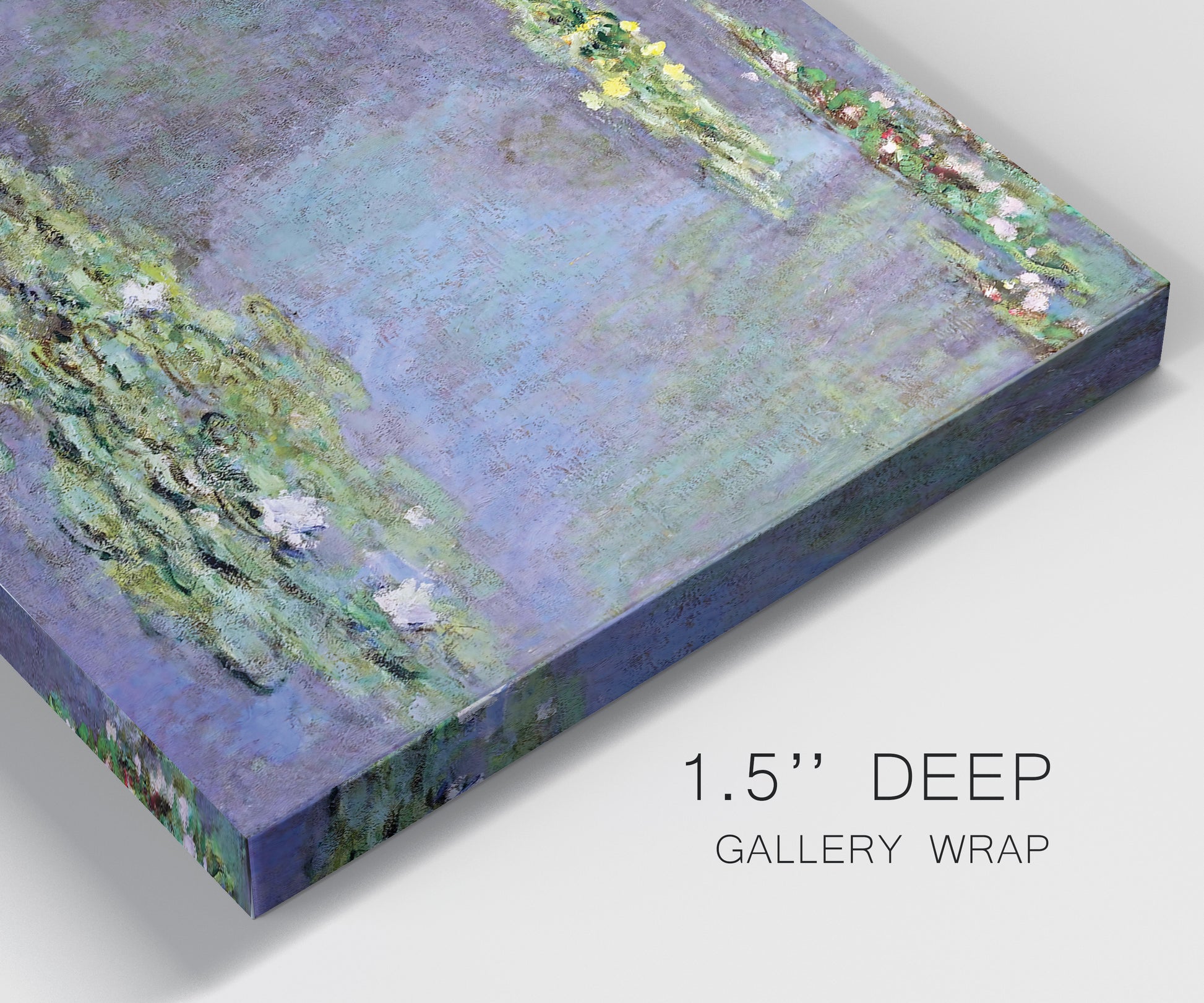 Close-up view of wrapped canvas corner featuring purple haze water lily pond.