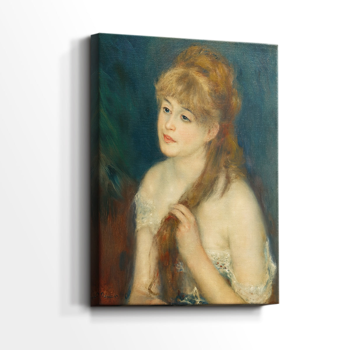 Side view of a canvas art print of a quiet moment of a woman grooming with warm tones, showing gallery-wrapped depth.