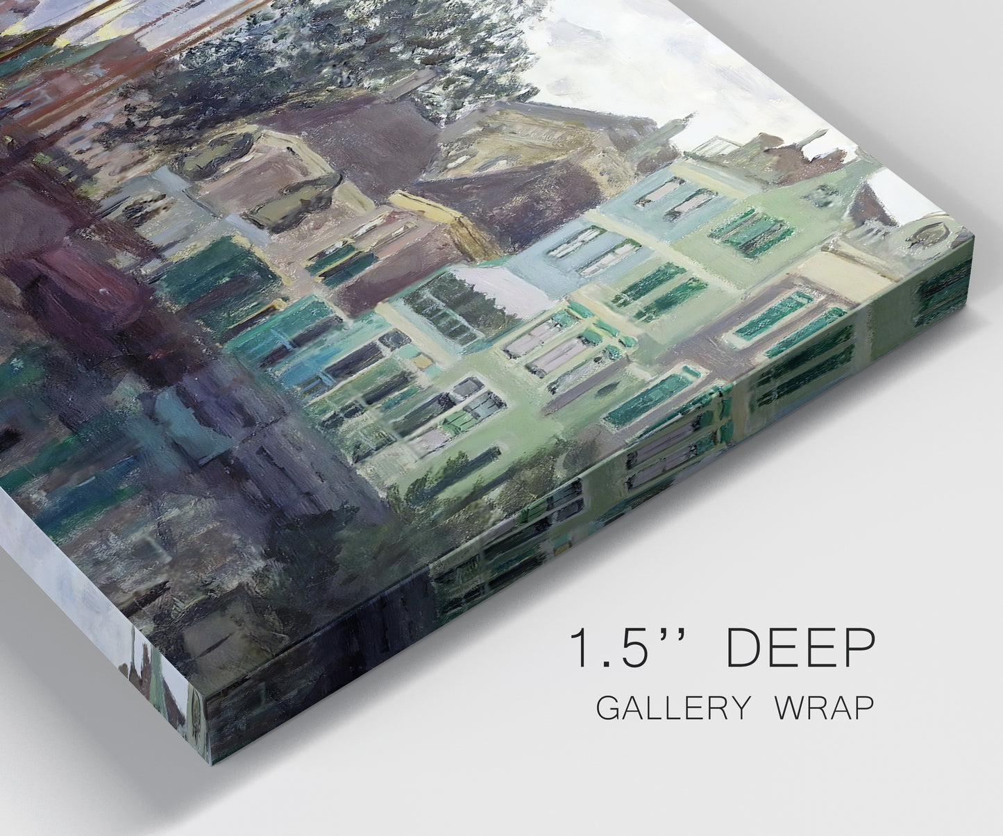 Close-up view of wrapped canvas corner featuring riverside town dike at evening.