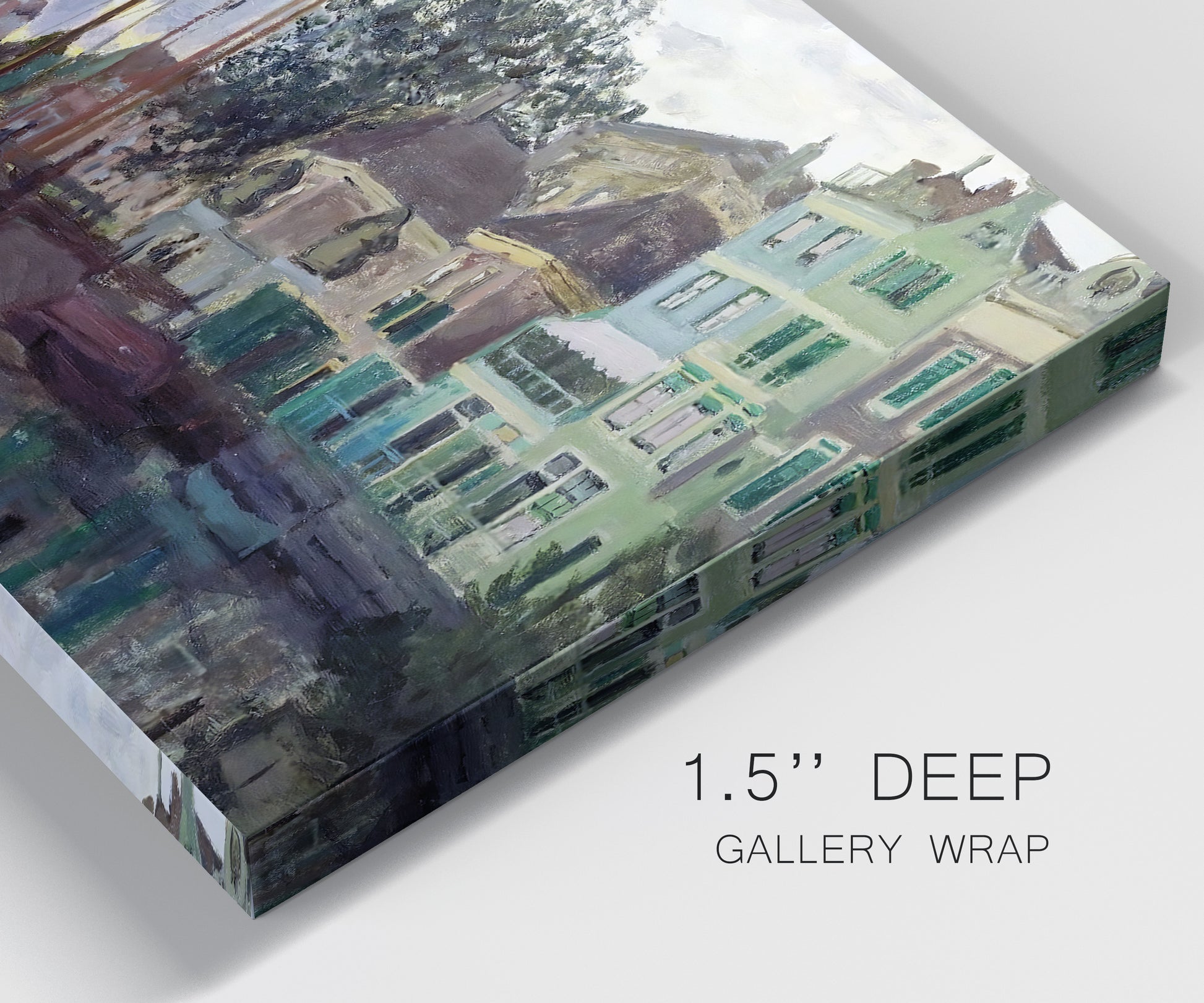 Close-up view of wrapped canvas corner featuring riverside town dike at evening.