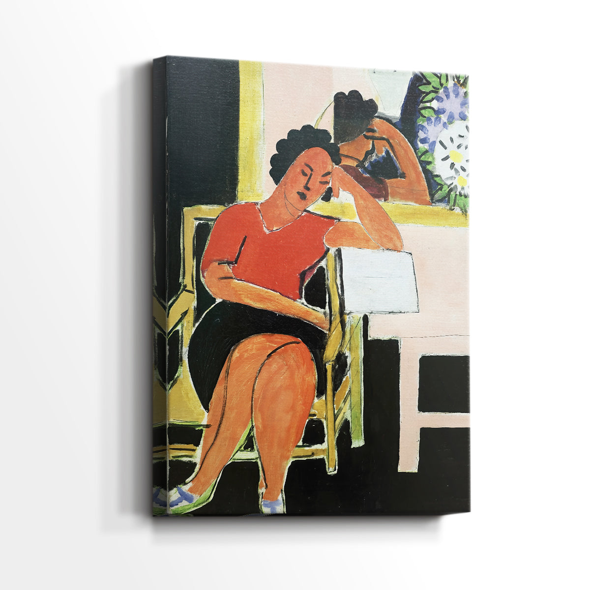 Side view of a canvas art print of a stylized interior with bright tones against deep black, showing gallery-wrapped depth.