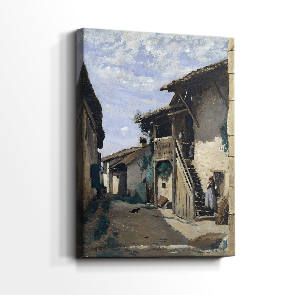 Side view of a canvas art print of a calm composition with narrow street and subtle detail, showing gallery-wrapped depth.
