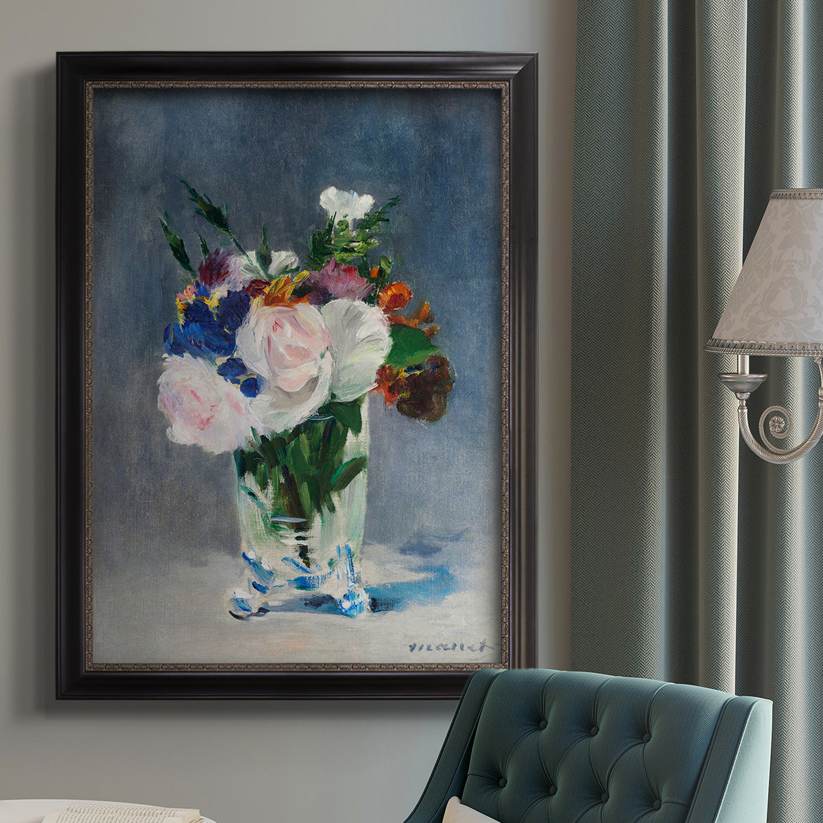 Impressionist floral still life painting by Claude Monet in an {frame_style_descriptor} displayed in a neutral interior setting.