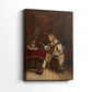 Side view of a canvas art print of a traditional interior with a musician in soft light, showing gallery-wrapped depth.