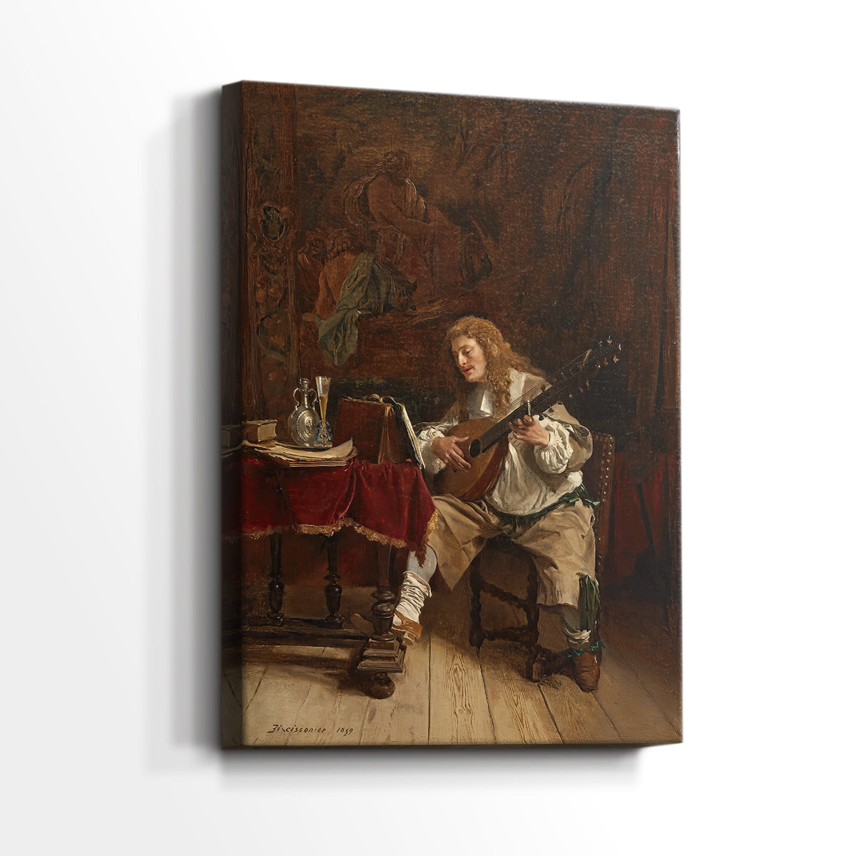 Side view of a canvas art print of a traditional interior with a musician in soft light, showing gallery-wrapped depth.