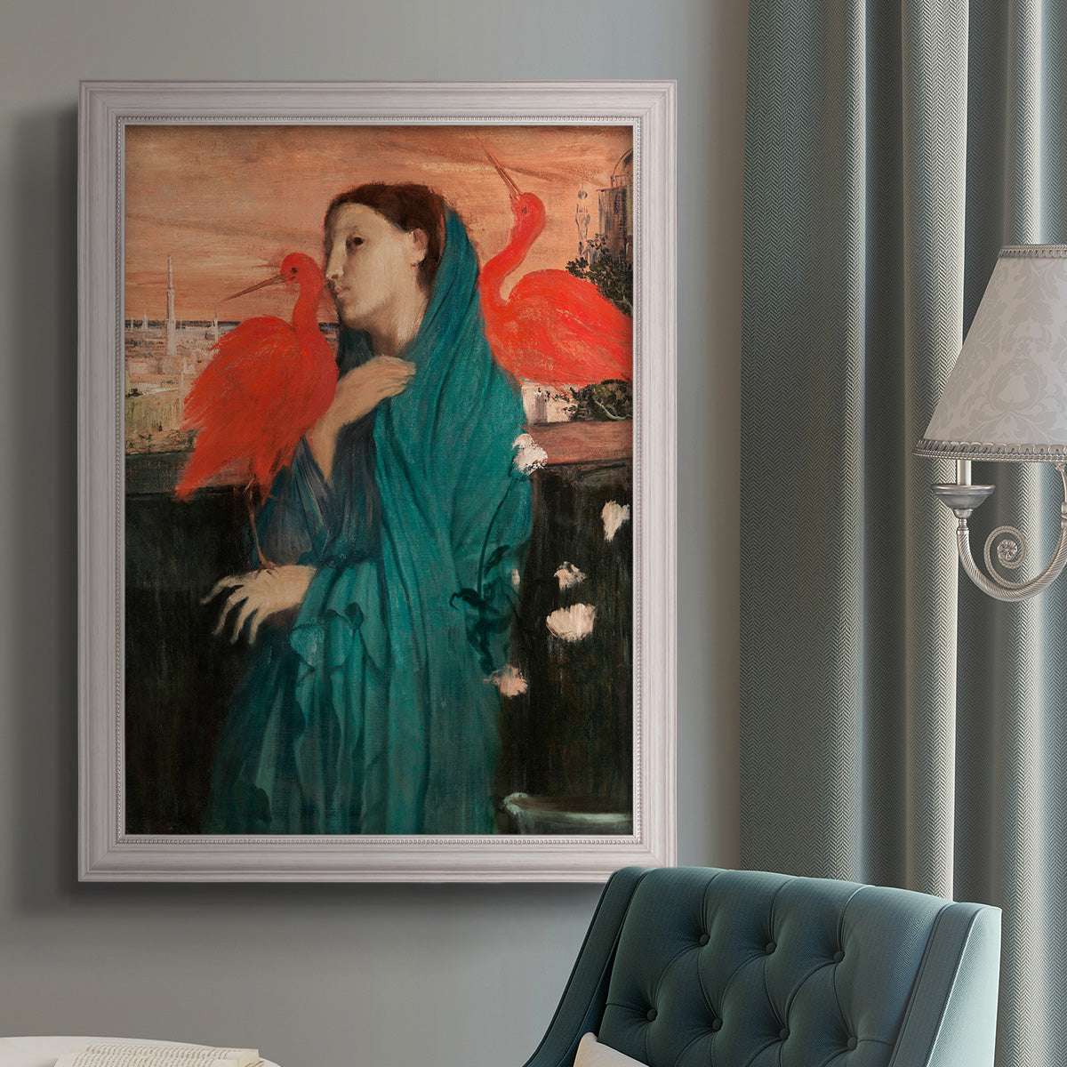 Impressionist portrait of a young woman with an ibis by Edgar Degas in an {frame_style_descriptor} displayed in a neutral interior setting.
