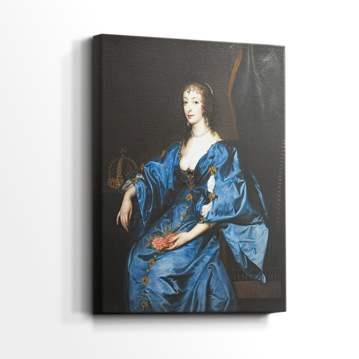 Side view of a canvas art print of a classic aristocratic figure with delicate features and rich tones, showing gallery-wrapped depth.