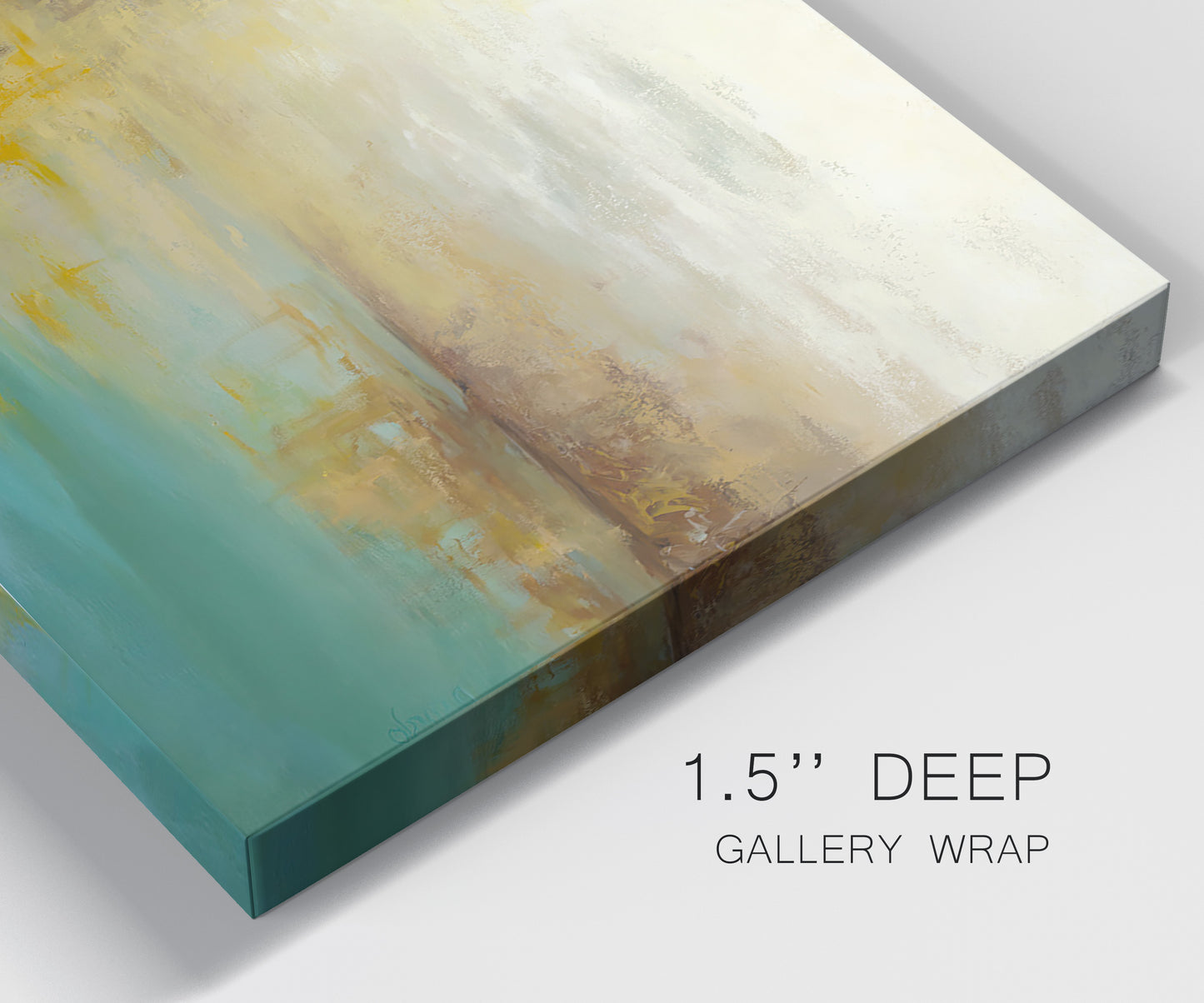 Close-up view of wrapped canvas corner featuring warm abstract end of summer palette.