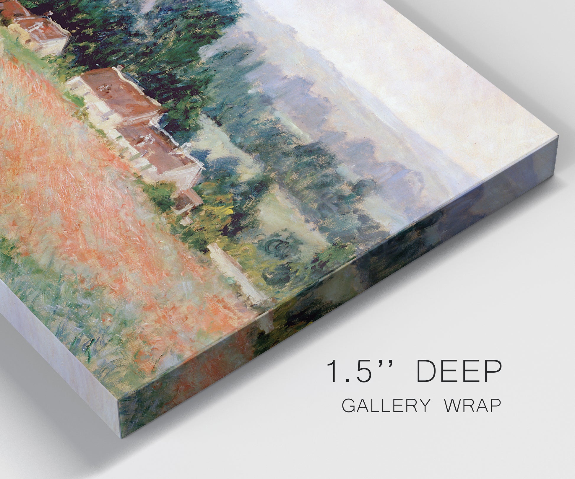 Close-up view of wrapped canvas corner featuring haystacks arranged in rural field.