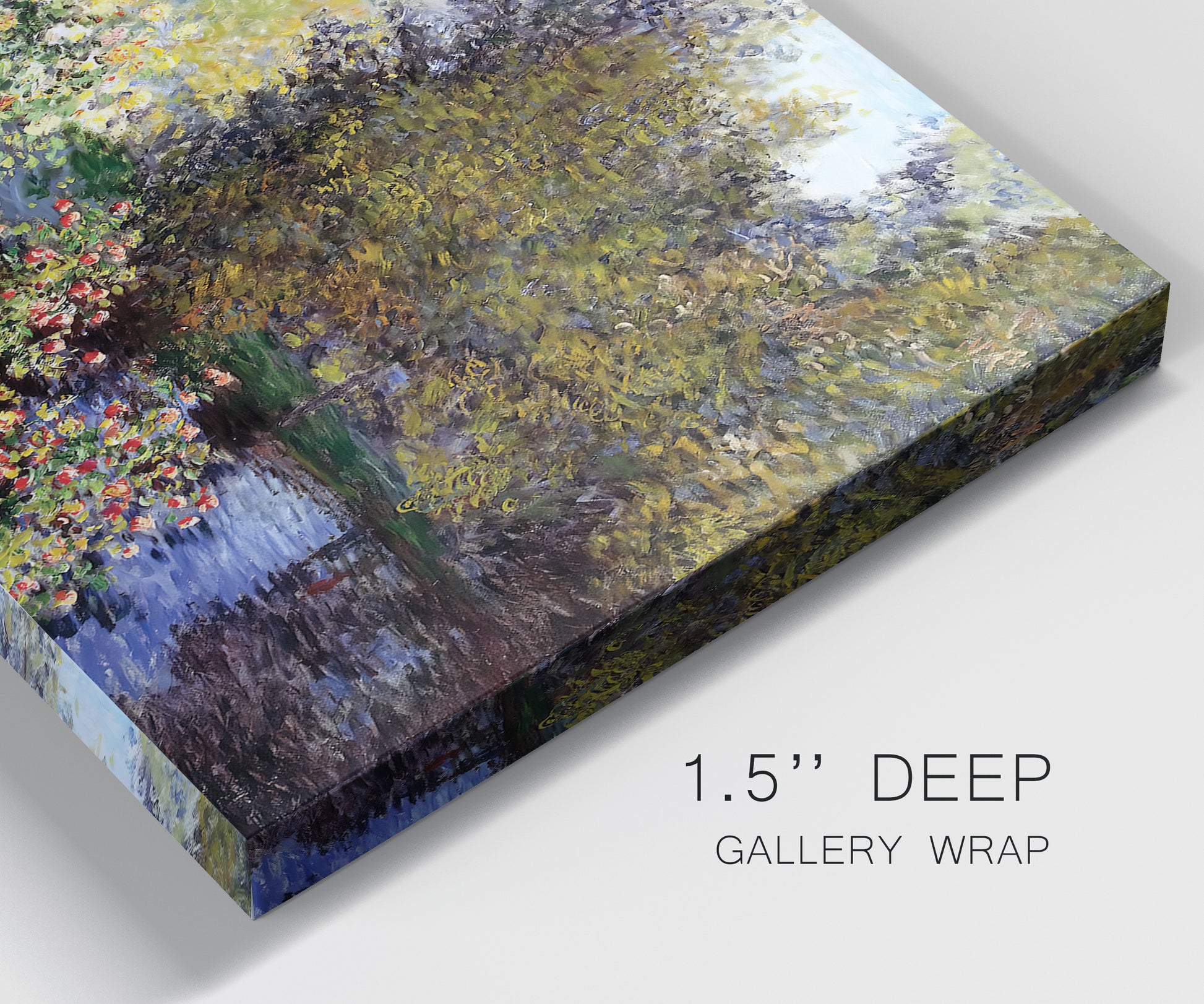 Close-up view of wrapped canvas corner featuring garden corner with flowering trees.