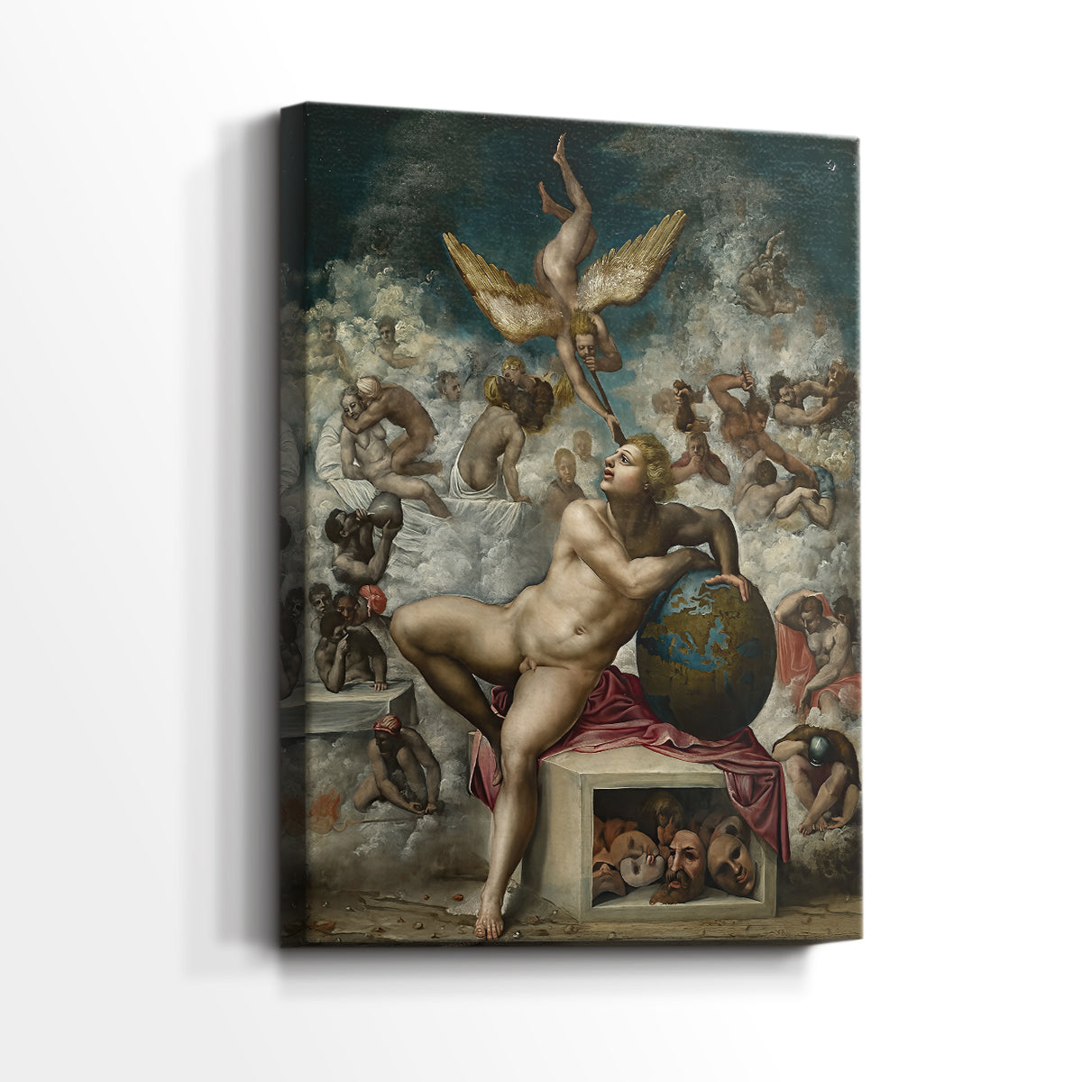 Side view of a canvas art print of a classical image with muscular forms and balanced design, showing gallery-wrapped depth.