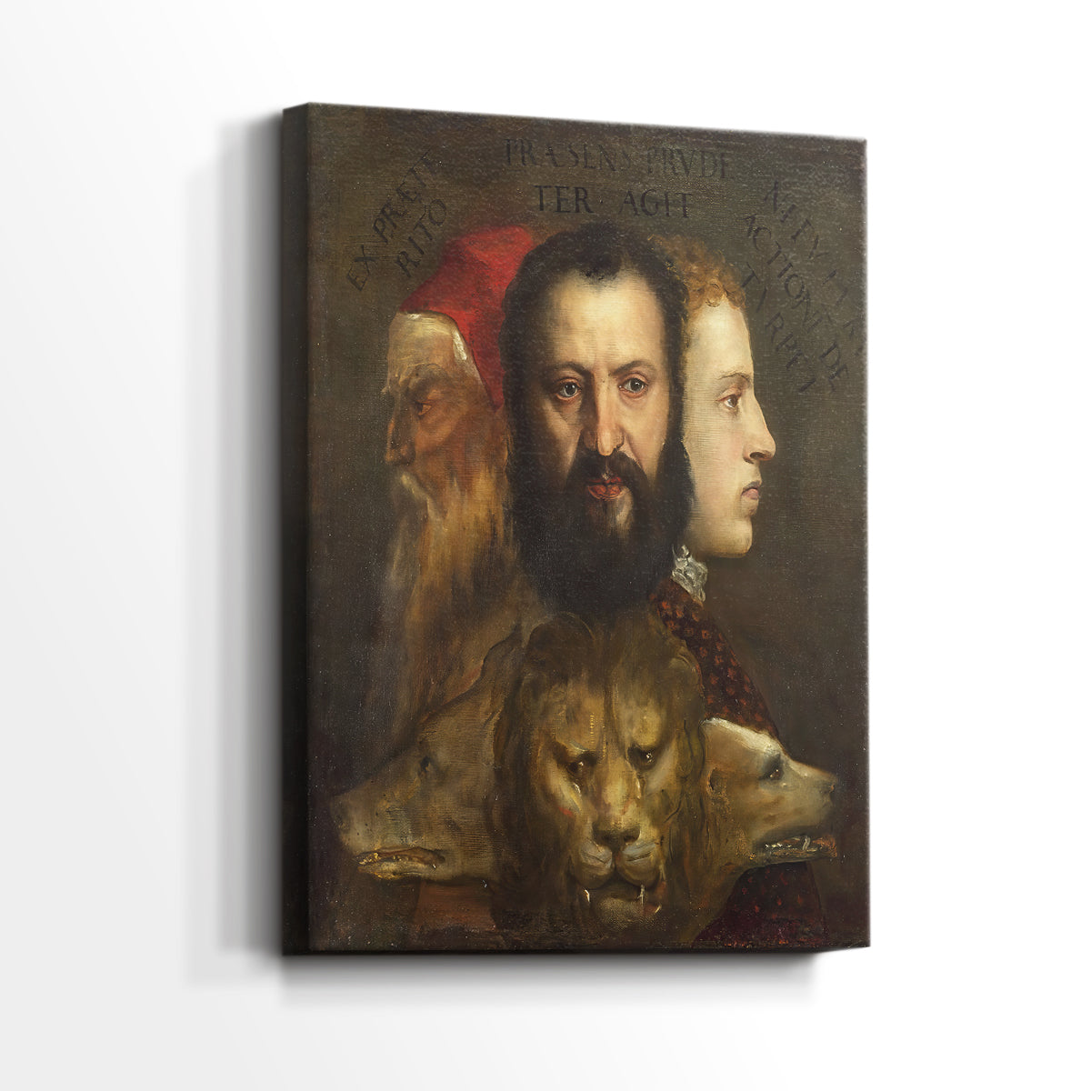 Side view of a canvas art print of a symbolic image with detailed faces and dark background, showing gallery-wrapped depth.