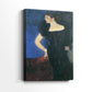 Side view of a canvas art print of a classic portrait with subtle detail and calm expression, showing gallery-wrapped depth.