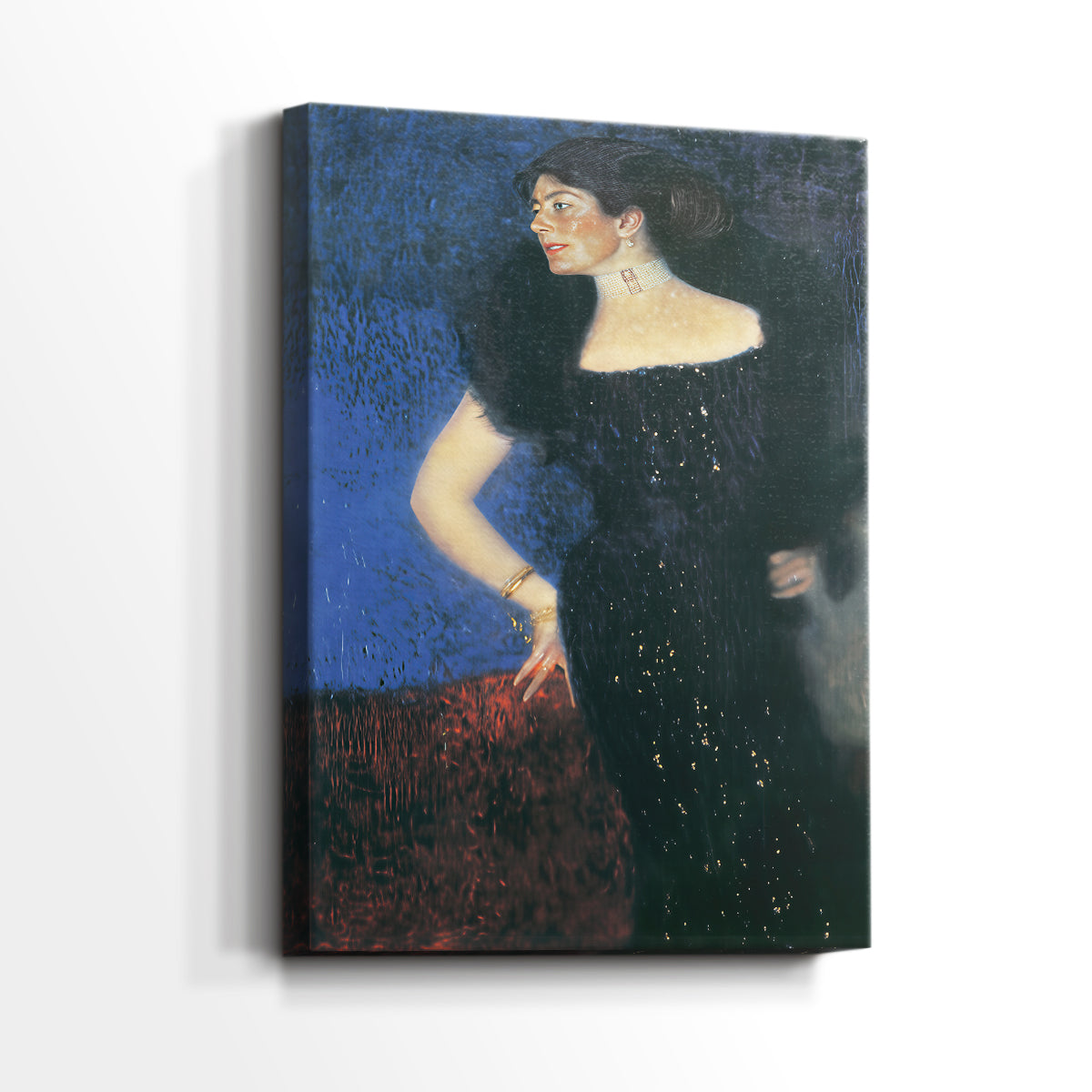 Side view of a canvas art print of a classic portrait with subtle detail and calm expression, showing gallery-wrapped depth.