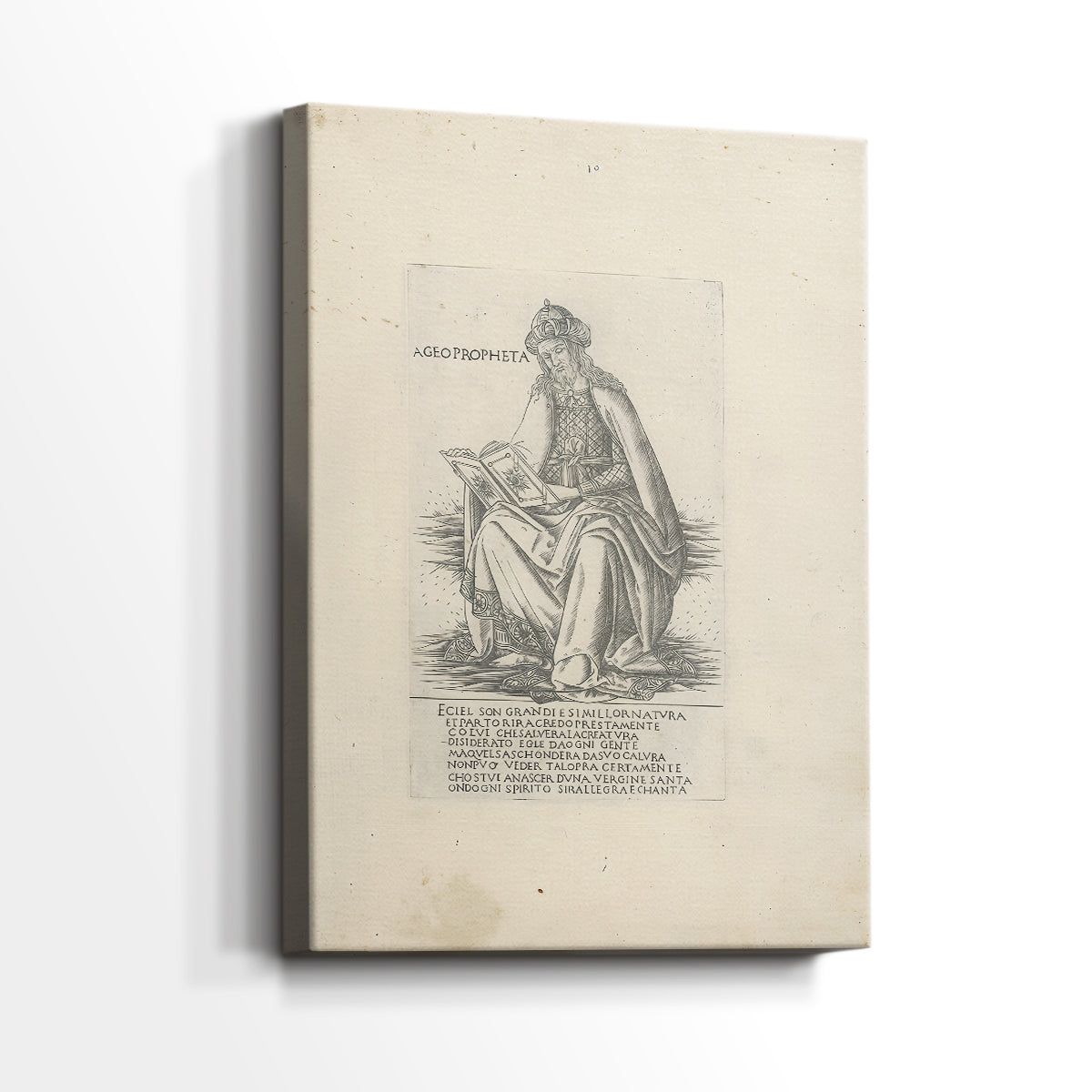 Side view of a canvas art print of a detailed illustration with strong outline and simple background, showing gallery-wrapped depth.