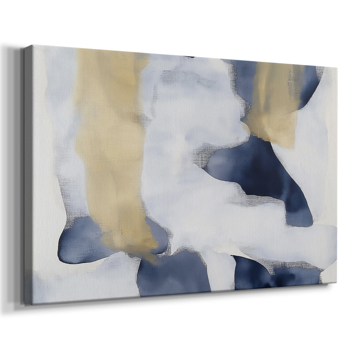 Abstract art featuring blue and gold shapes on a light background in a modern design