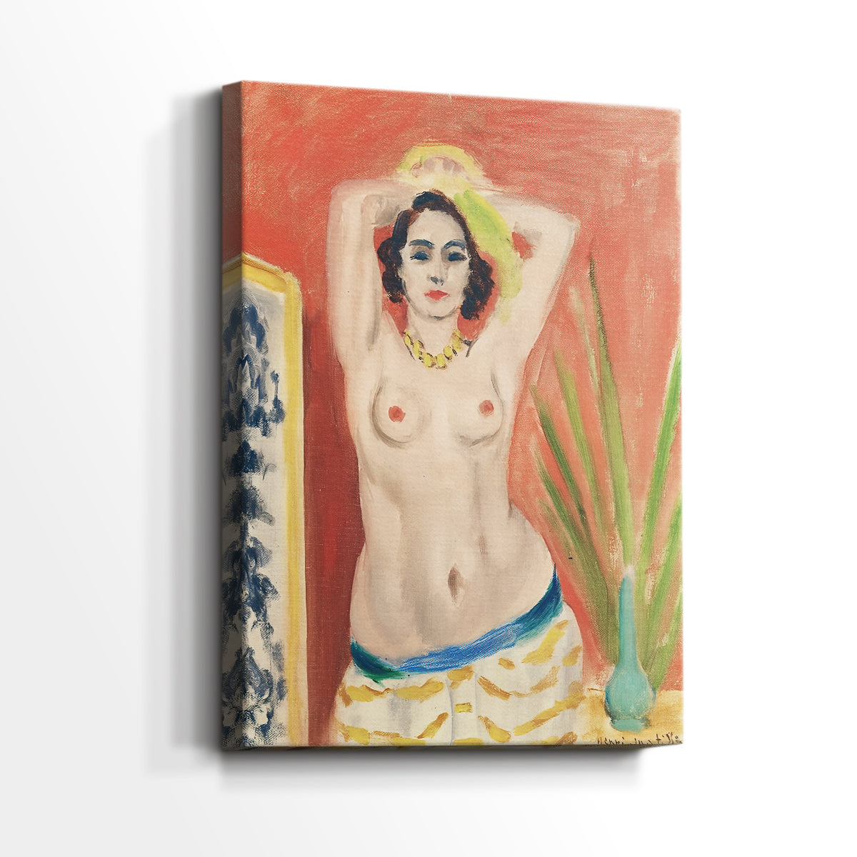 Side view of a canvas art print of a modern composition with expressive color and minimal detail, showing gallery-wrapped depth.
