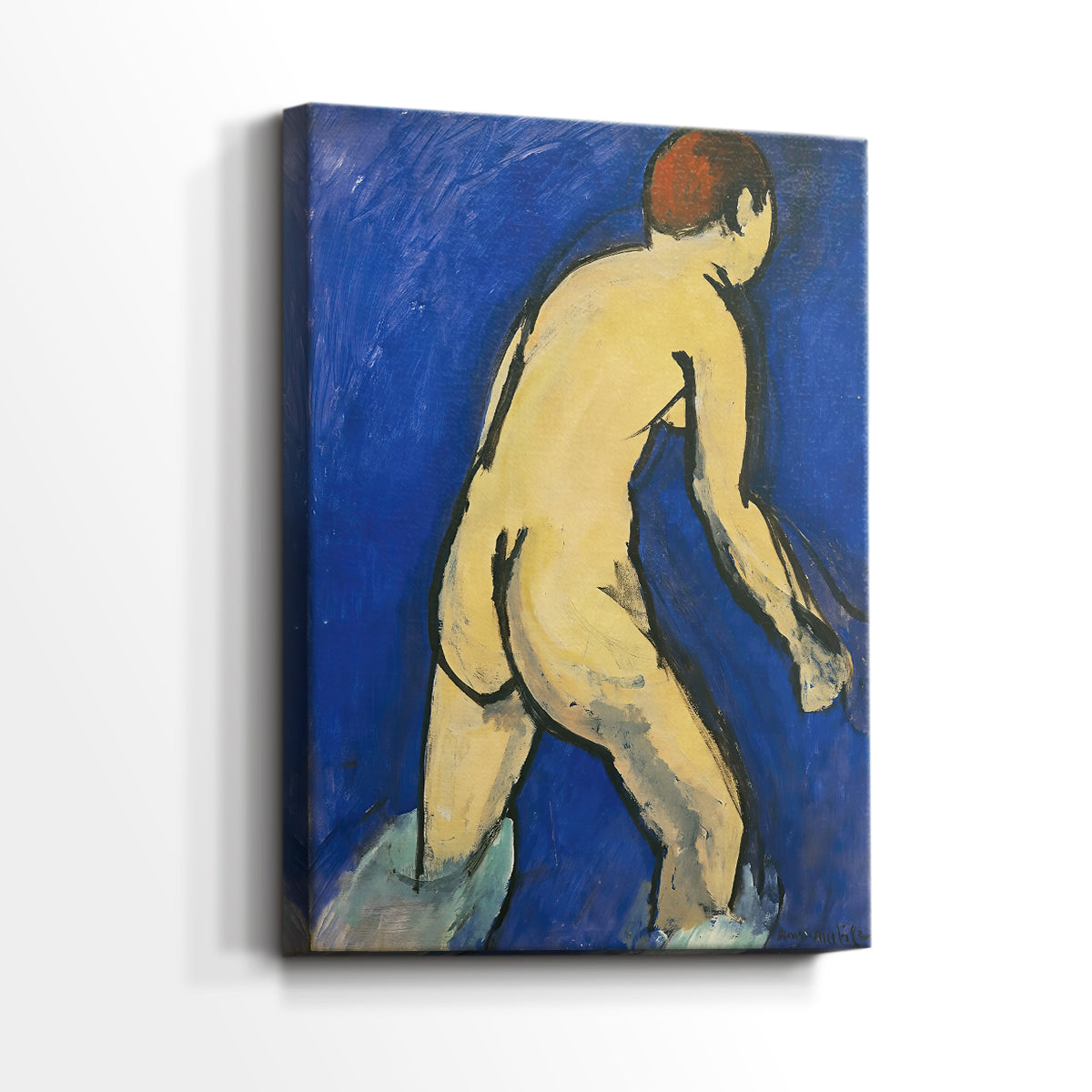 Side view of a canvas art print of a modern figure study with minimal detail and strong color, showing gallery-wrapped depth.