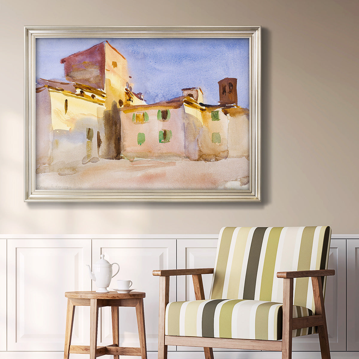 Impressionist Italian village scene by John Singer Sargent in an ornate champagne frame displayed in a light-toned interior setting.
