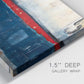 Close-up view of wrapped canvas corner featuring weathered coastal dock scene.