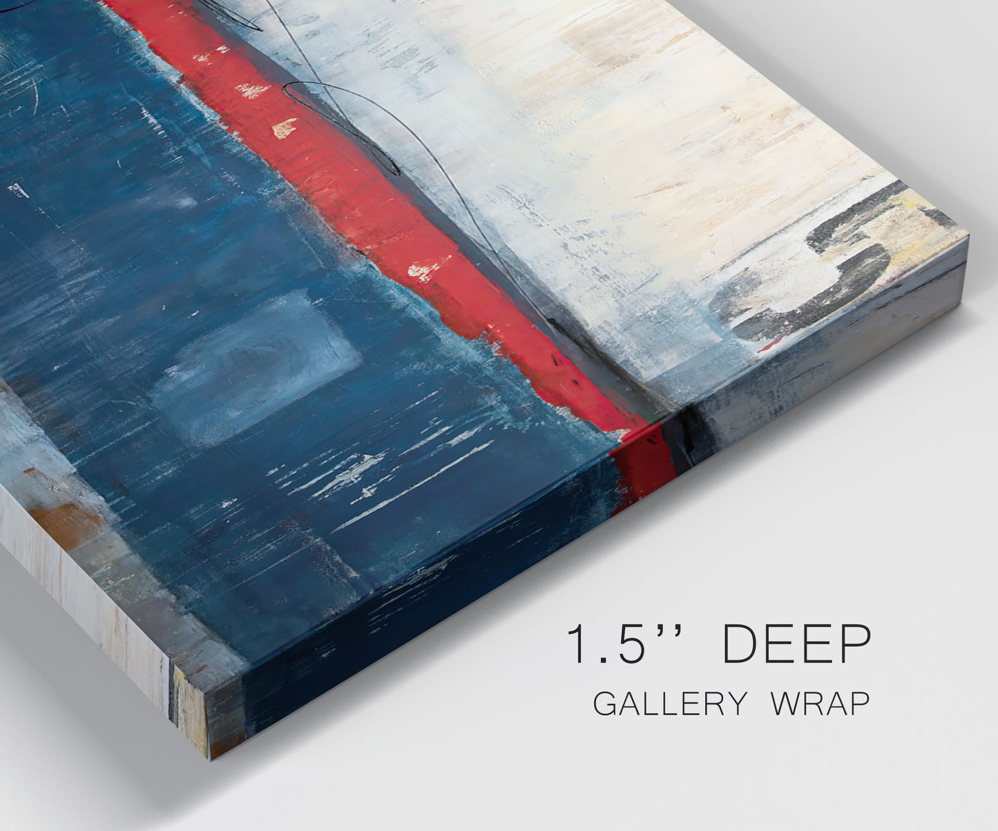Close-up view of wrapped canvas corner featuring weathered coastal dock scene.