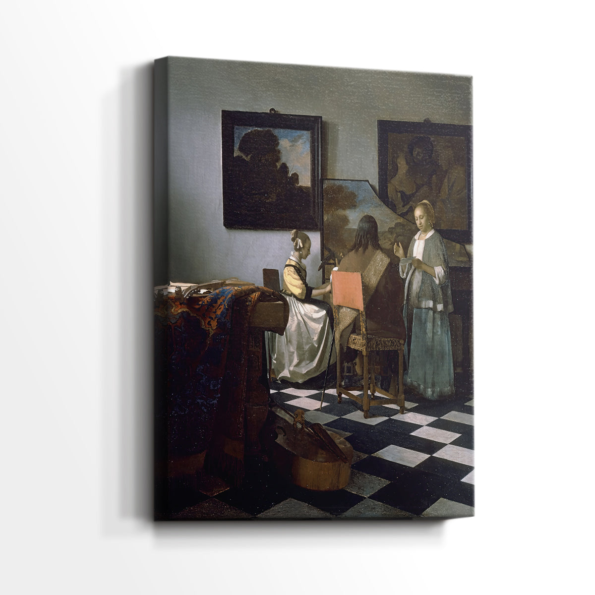 Side view of a canvas art print of a quiet musical setting with balanced tones, showing gallery-wrapped depth.